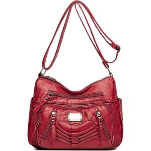Women's Red Soft Pu Leather Multi-pocket Shoulder Bag Medium Cross-body Purse